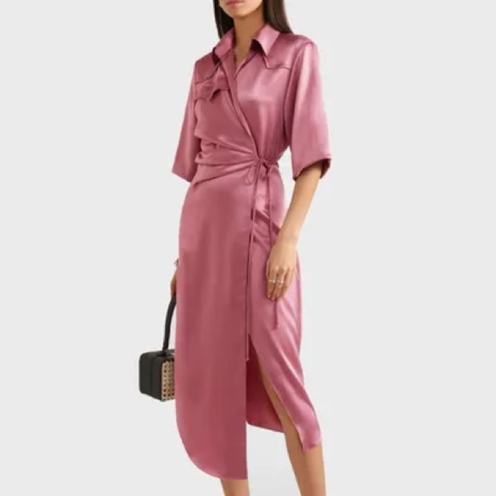 Nanushka Pink Satin High-Low Wrap Dress - Picture 4 of 8